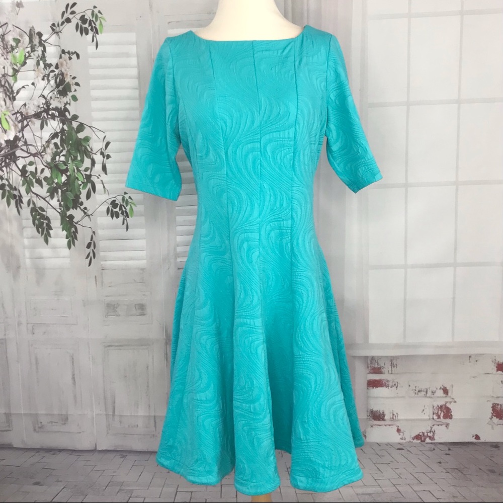 Julian Taylor 6 / 8 Fit & Flare Dress Aqua Blue Stretch Solid High Neck Sleeves